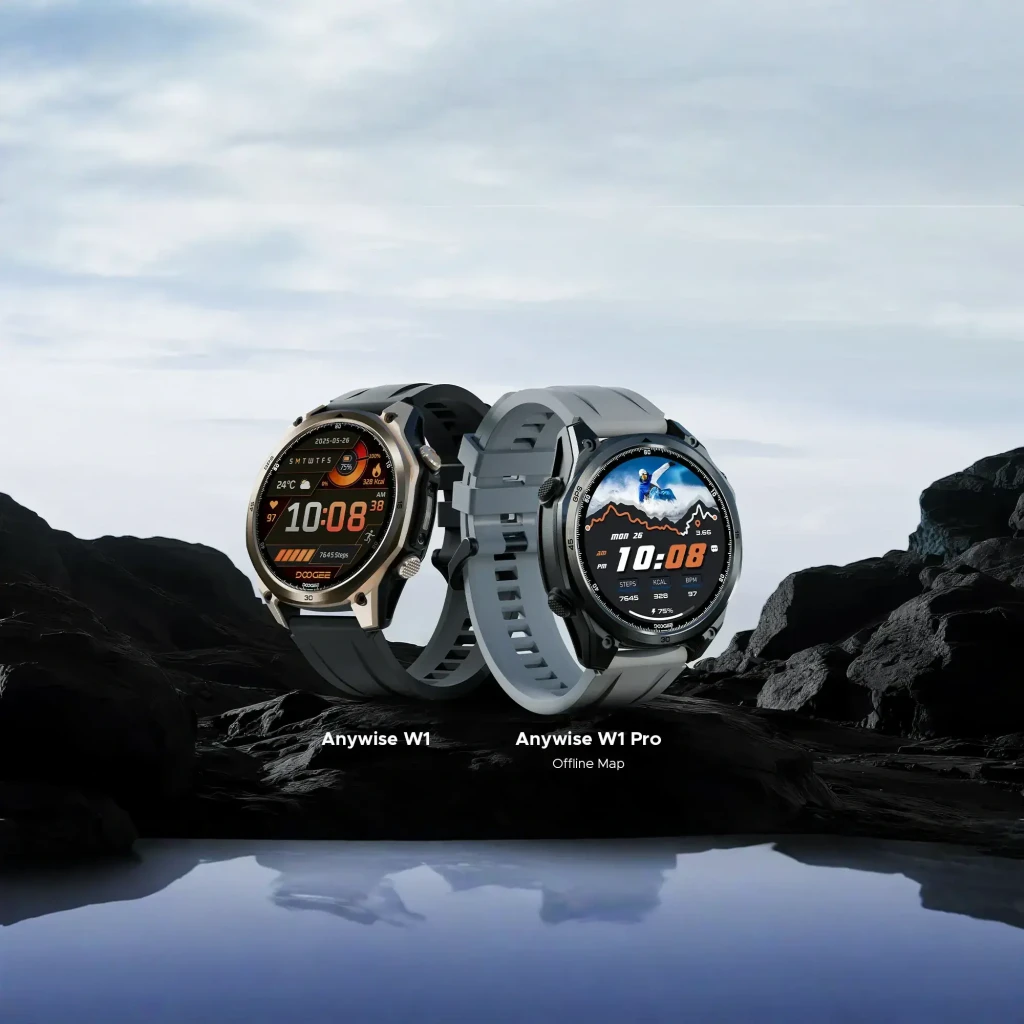 Doogee Anywise W1 Pro smartwatch negro con caja robusta, bisel metálico, correa de eslabones, pantalla circular con esferas fitness y botón lateral rojo - Ítem9