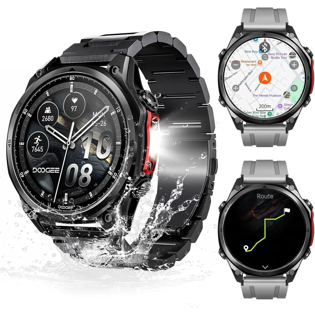 Doogee Anywise W1 Pro smartwatch negro con caja robusta, bisel metálico, correa de eslabones, pantalla circular con esferas fitness y botón lateral rojo - Ítem5