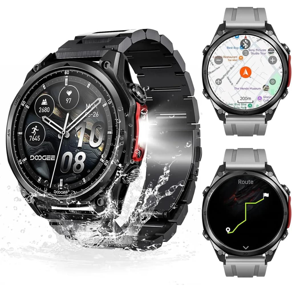 Doogee Anywise W1 Pro smartwatch preto 5ATM, caixa robusta, pulseira metálica, mostrador redondo com GPS, telas de rotas e mapas, estilo esportivo