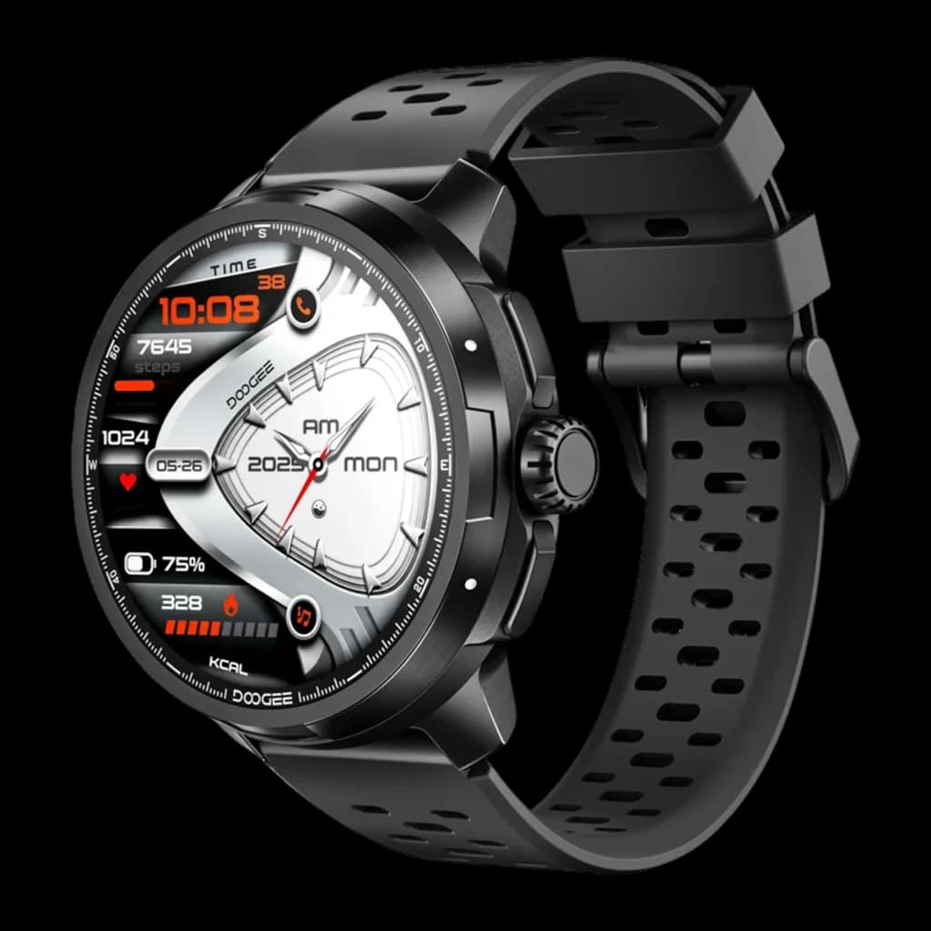 Smartwatch DOOGEE Anymoving M1 negro con caja redonda metálica, pantalla a color, corona lateral y correa de silicona perforada deportiva