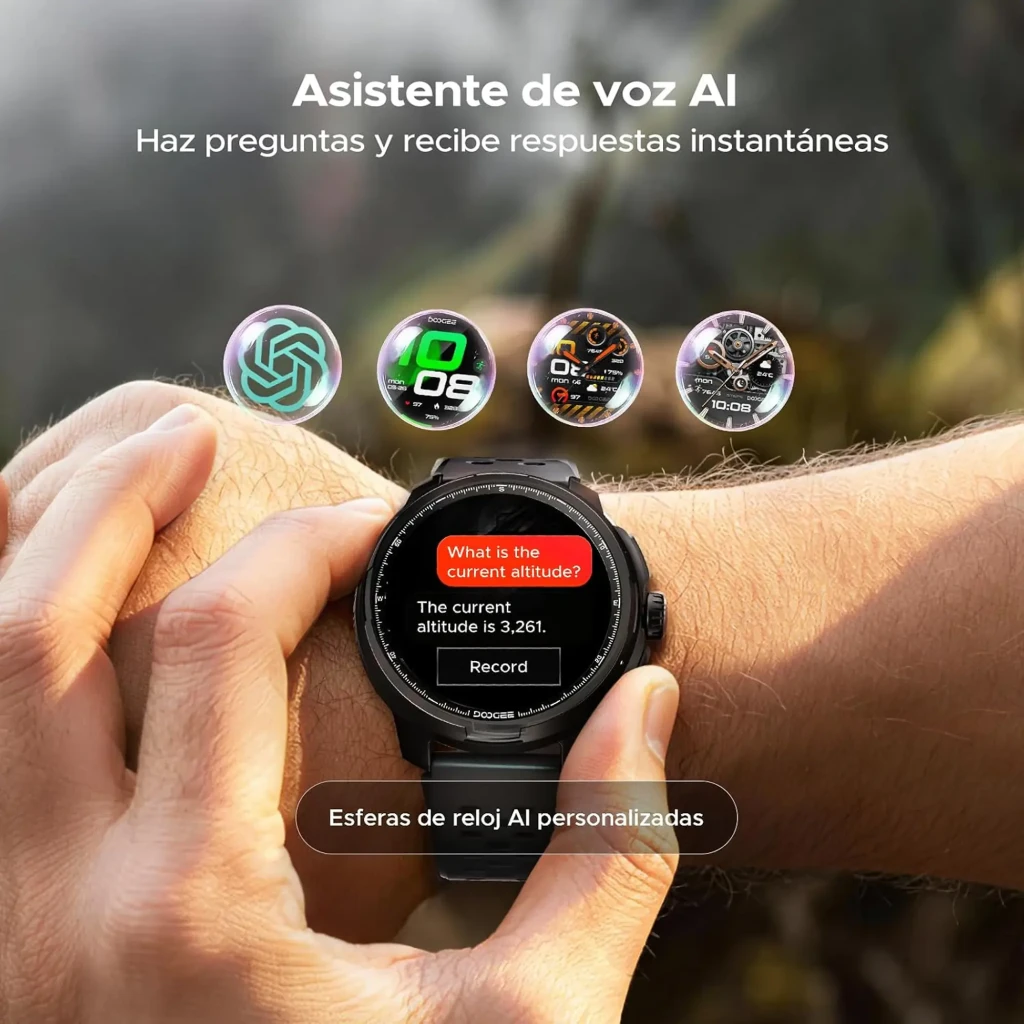 DOOGEE Anymoving M1 Plata reloj inteligente con caja metálica plateada, pantalla redonda con esferas deportivas, correa gris perforada y bisel numerado - Ítem2