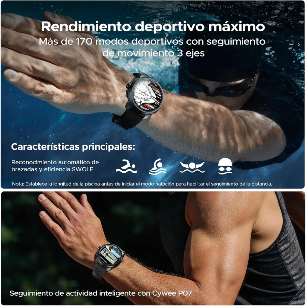 DOOGEE Anymoving M1 Plata reloj inteligente con caja metálica plateada, pantalla redonda con esferas deportivas, correa gris perforada y bisel numerado - Ítem1