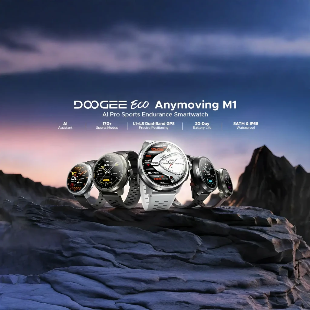 DOOGEE Anymoving M1 Plata reloj inteligente con caja metálica plateada, pantalla redonda con esferas deportivas, correa gris perforada y bisel numerado - Ítem9