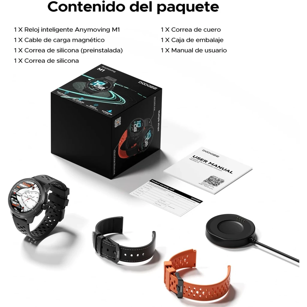 DOOGEE Anymoving M1 Plata reloj inteligente con caja metálica plateada, pantalla redonda con esferas deportivas, correa gris perforada y bisel numerado - Ítem8