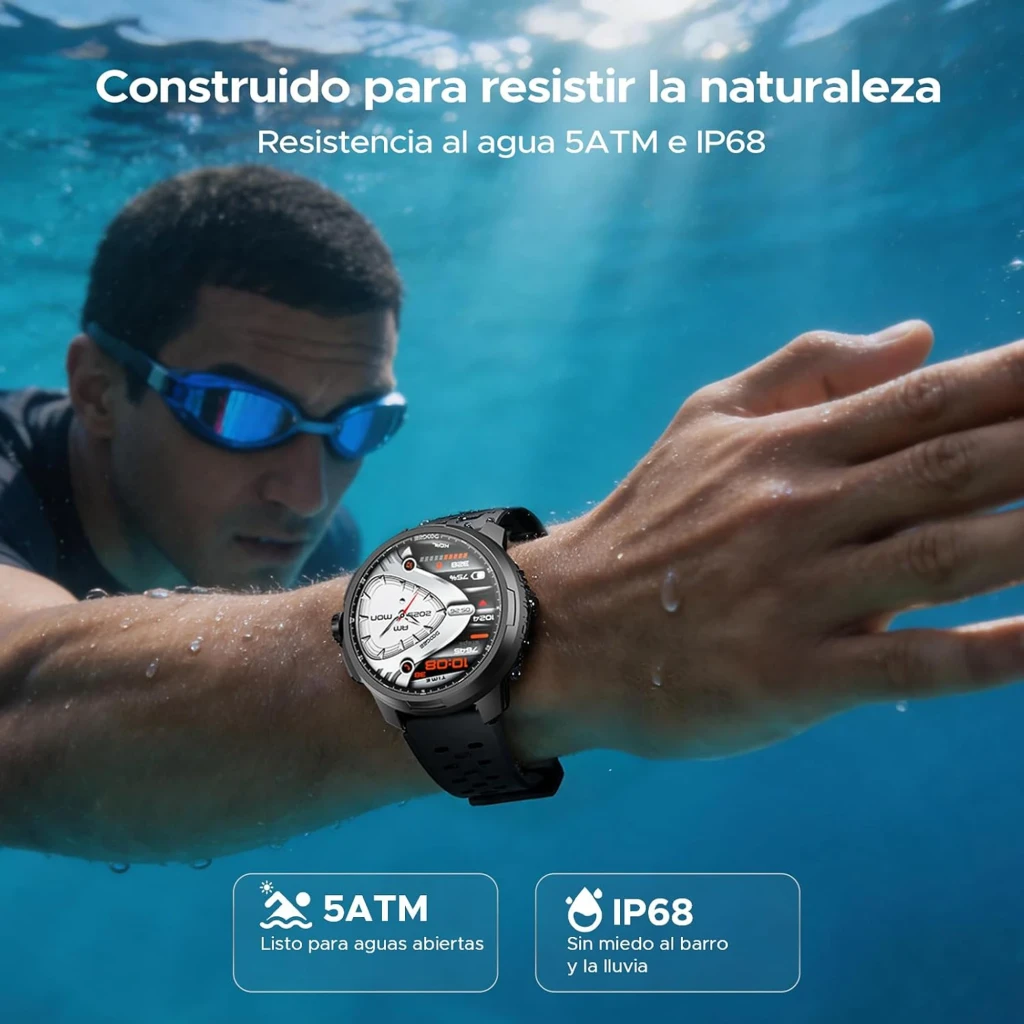 DOOGEE Anymoving M1 Plata reloj inteligente con caja metálica plateada, pantalla redonda con esferas deportivas, correa gris perforada y bisel numerado - Ítem7