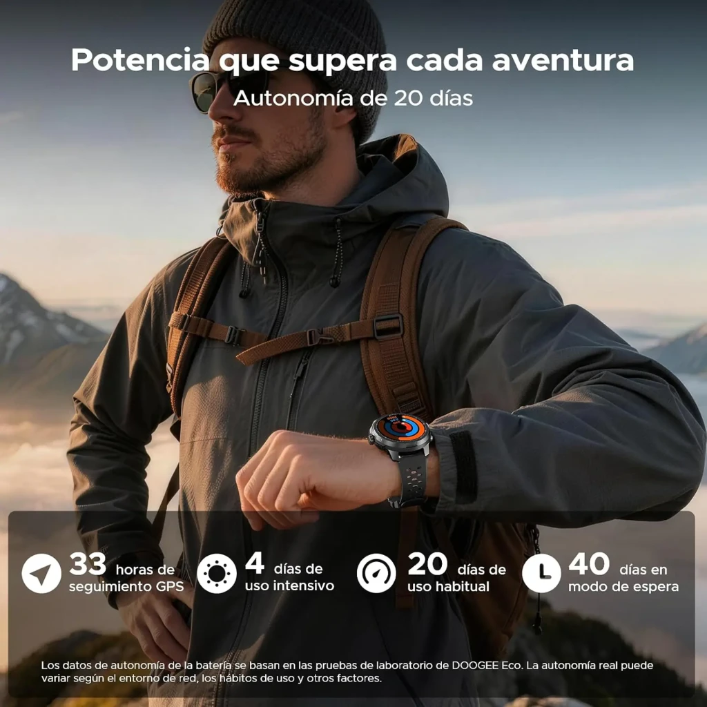 DOOGEE Anymoving M1 Plata reloj inteligente con caja metálica plateada, pantalla redonda con esferas deportivas, correa gris perforada y bisel numerado - Ítem5