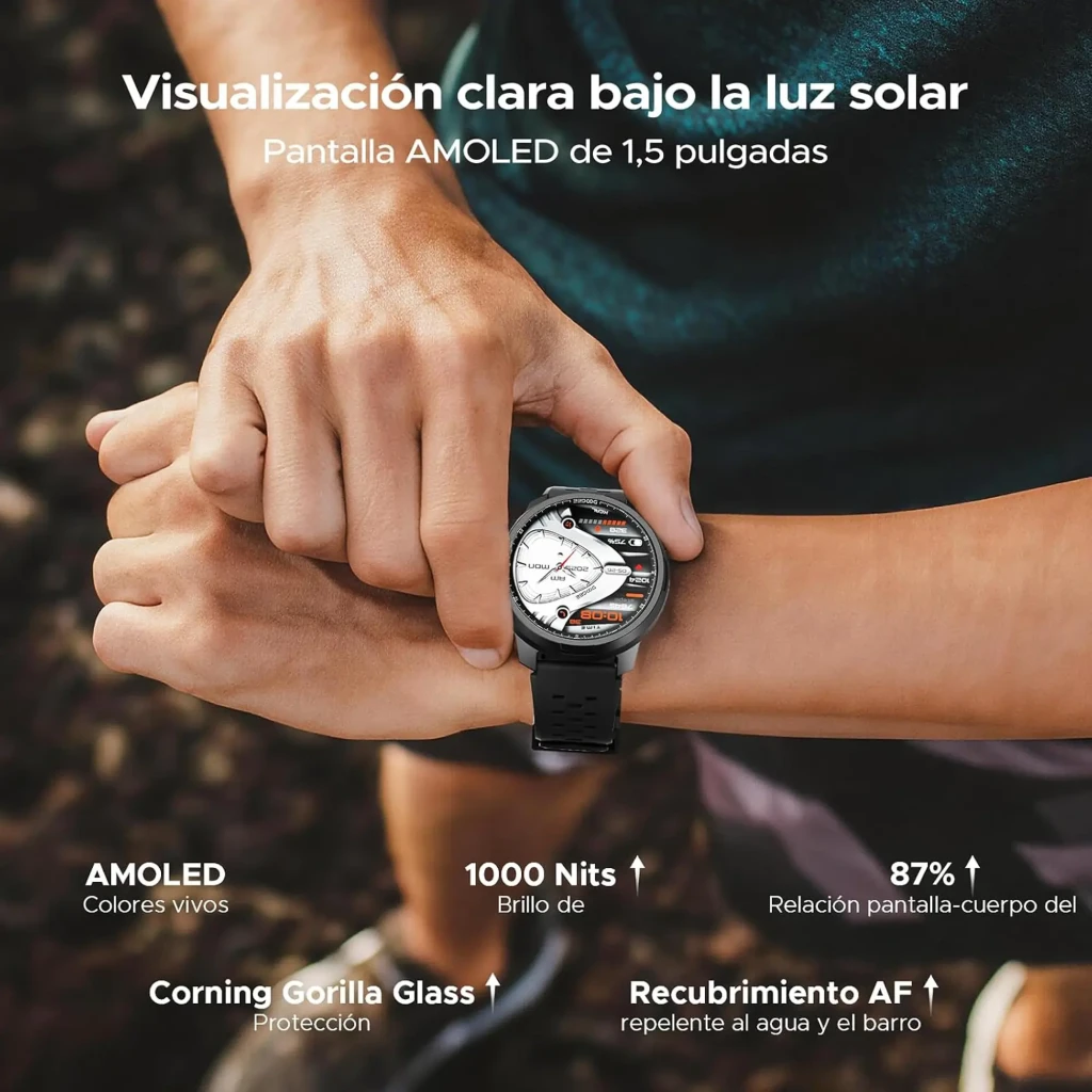 DOOGEE Anymoving M1 Plata reloj inteligente con caja metálica plateada, pantalla redonda con esferas deportivas, correa gris perforada y bisel numerado - Ítem4