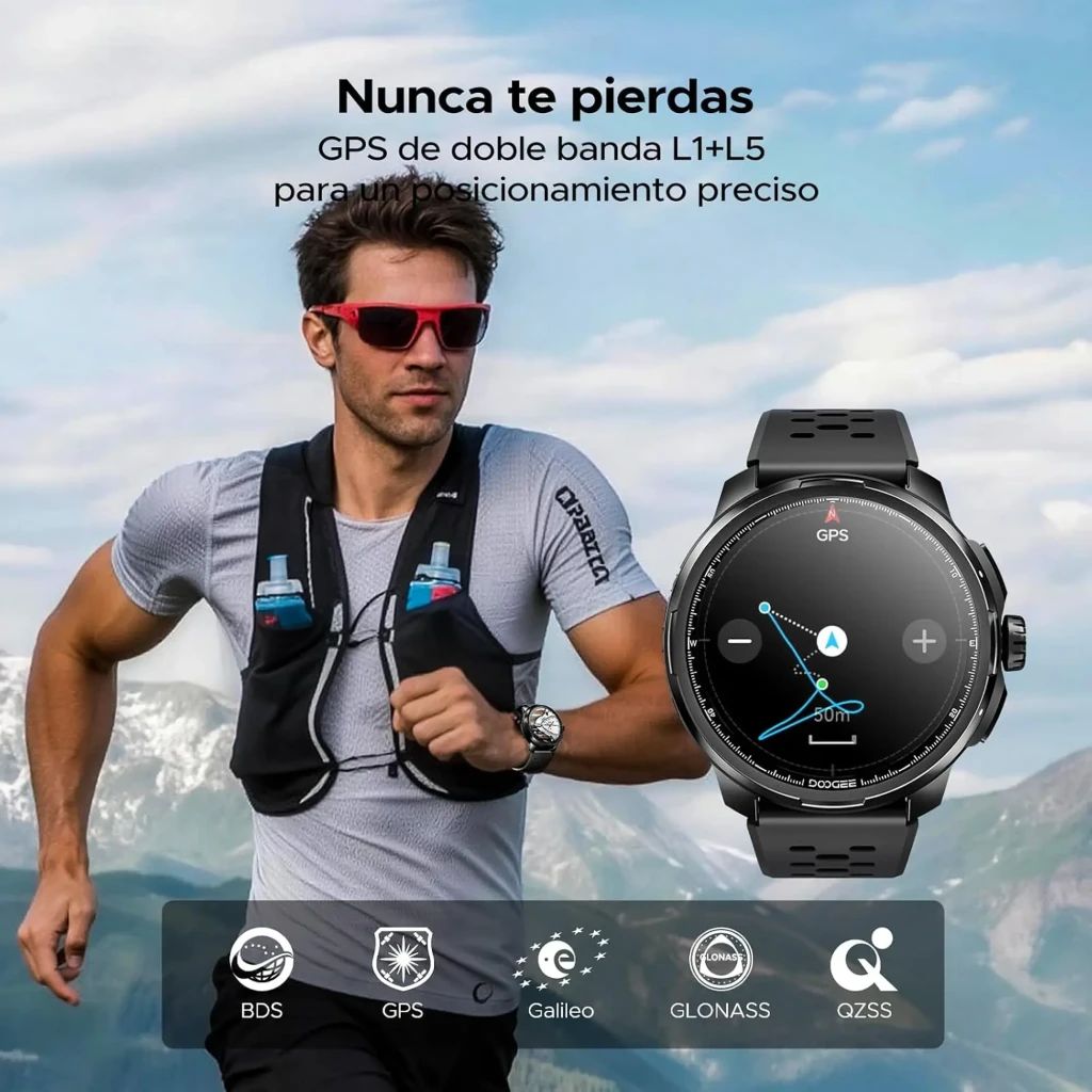 DOOGEE Anymoving M1 Plata reloj inteligente con caja metálica plateada, pantalla redonda con esferas deportivas, correa gris perforada y bisel numerado - Ítem3