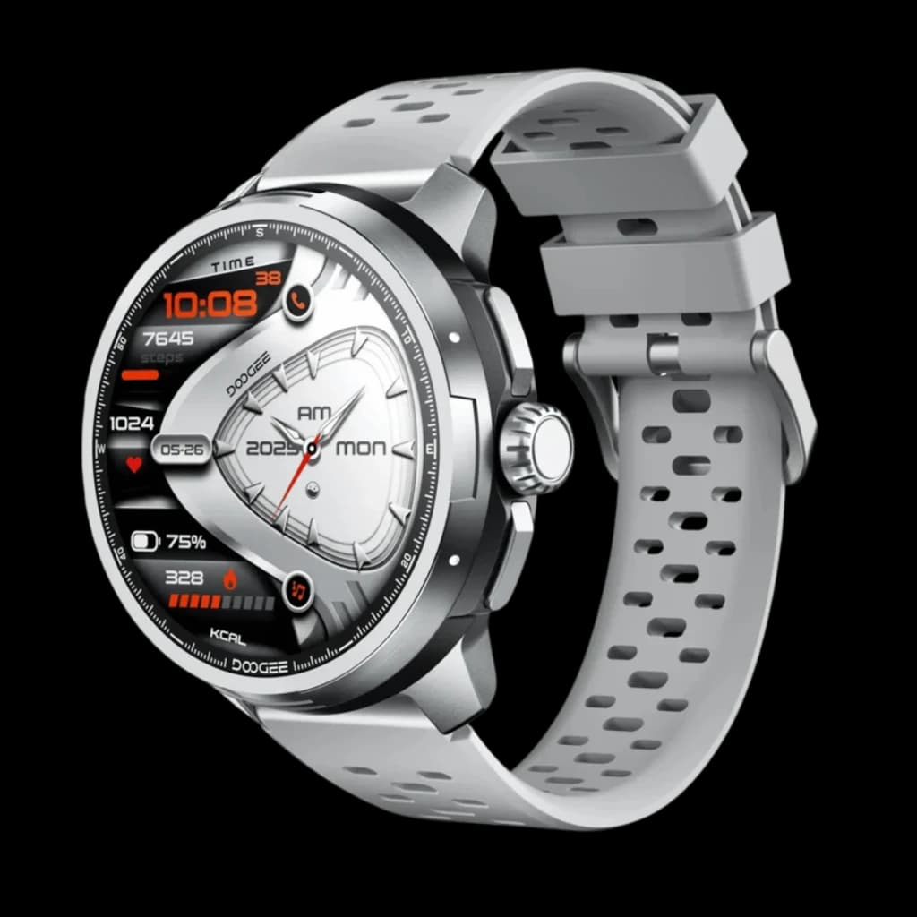 DOOGEE Anymoving M1 Plata reloj inteligente con caja metálica plateada, pantalla redonda con esferas deportivas, correa gris perforada y bisel numerado
