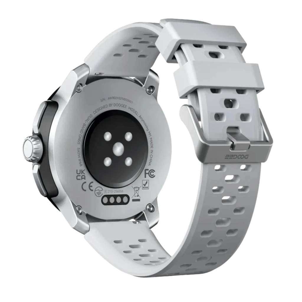 DOOGEE Anymoving M1 Plata reloj inteligente con caja metálica plateada, pantalla redonda con esferas deportivas, correa gris perforada y bisel numerado - Ítem10