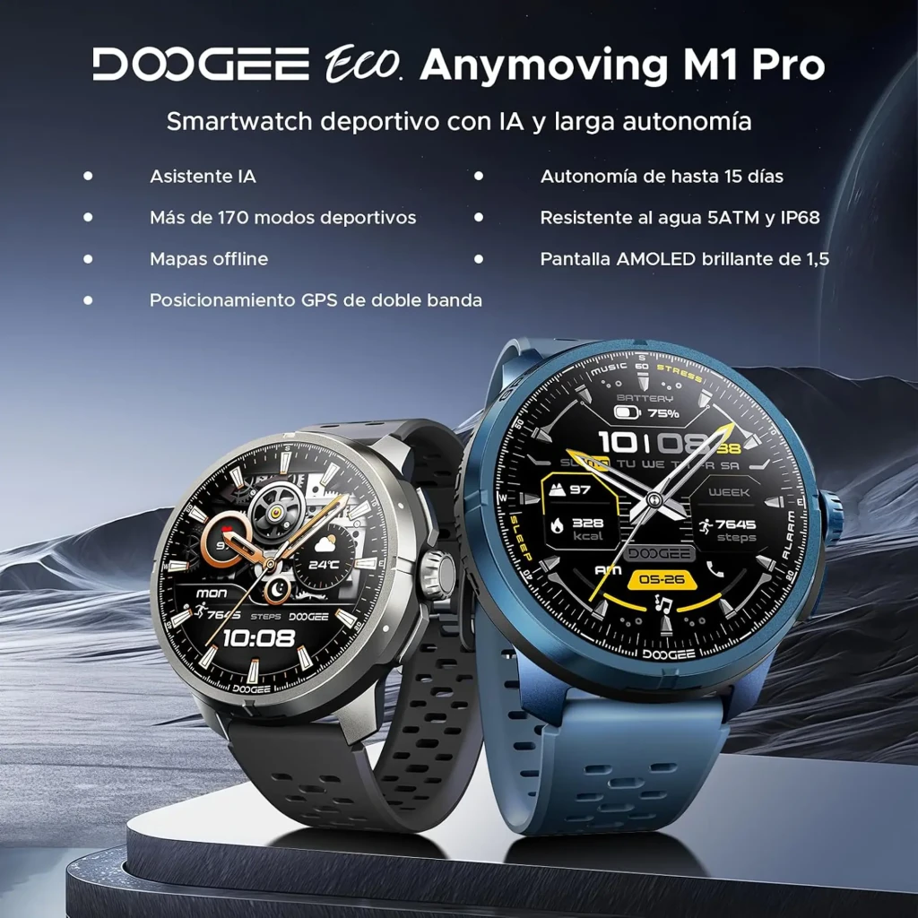Doogee Anymoving M1 Pro Negro con pantalla redonda, bisel metálico, correa perforada gris y esfera deportiva con métricas y GPS doble banda L1+L5 - Ítem1