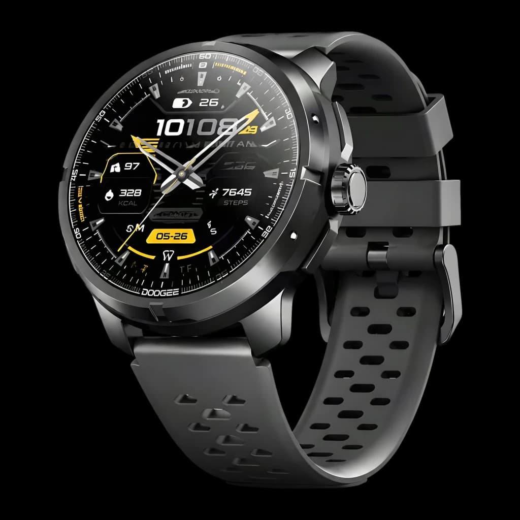 Doogee Anymoving M1 Pro Negro con pantalla redonda, bisel metálico, correa perforada gris y esfera deportiva con métricas y GPS doble banda L1+L5