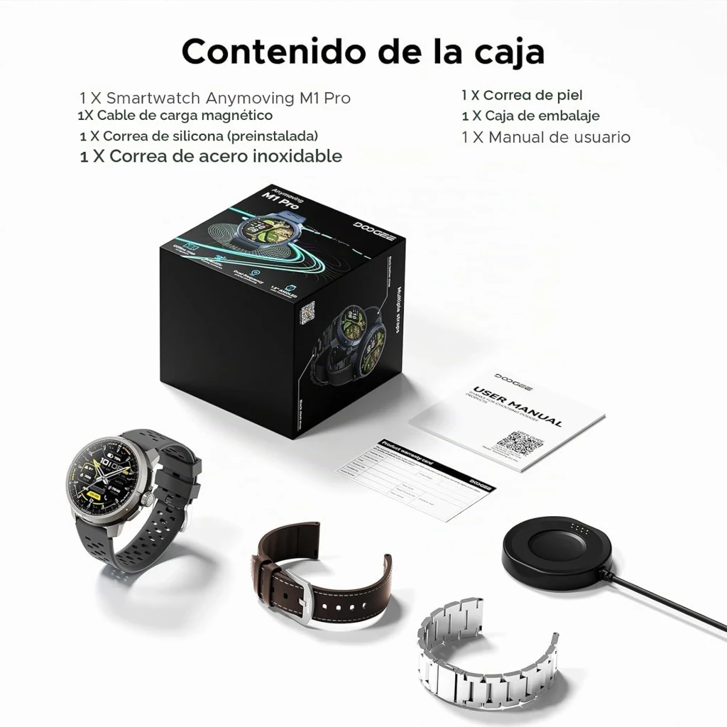 Doogee Anymoving M1 Pro Negro con pantalla redonda, bisel metálico, correa perforada gris y esfera deportiva con métricas y GPS doble banda L1+L5 - Ítem8