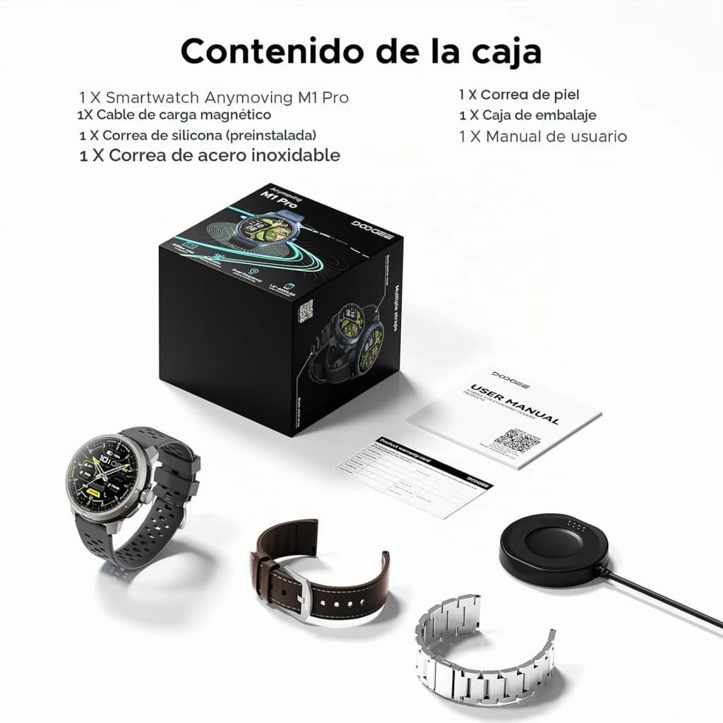 Doogee Anymoving M1 Pro Negro con caja, smartwatch redondo, GPS doble banda L1+L5, correas de silicona, piel y acero, cargador magnético y manual