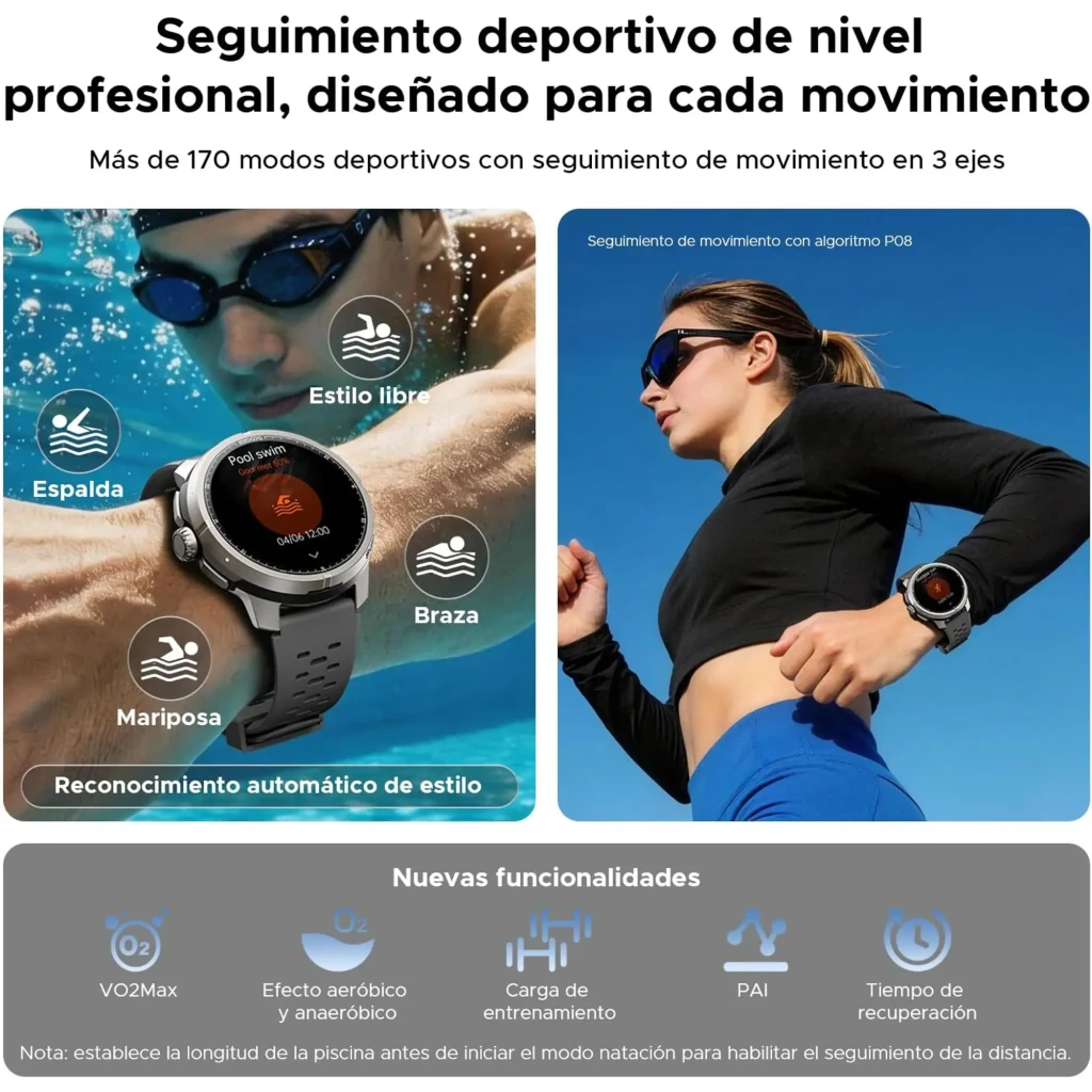 Doogee Anymoving M1 Pro Negro con pantalla redonda, bisel metálico, correa perforada gris y esfera deportiva con métricas y GPS doble banda L1+L5 - Ítem4