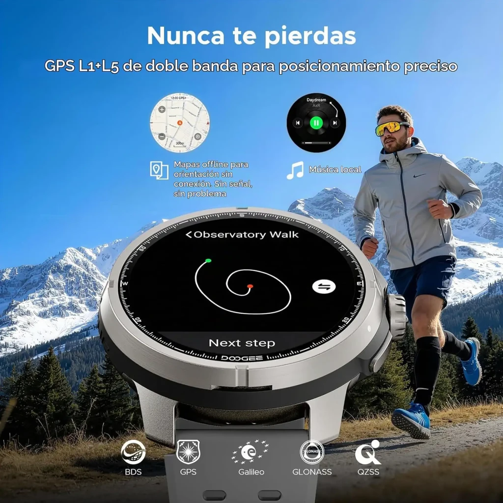 Doogee Anymoving M1 Pro Negro con pantalla redonda, bisel metálico, correa perforada gris y esfera deportiva con métricas y GPS doble banda L1+L5 - Ítem2