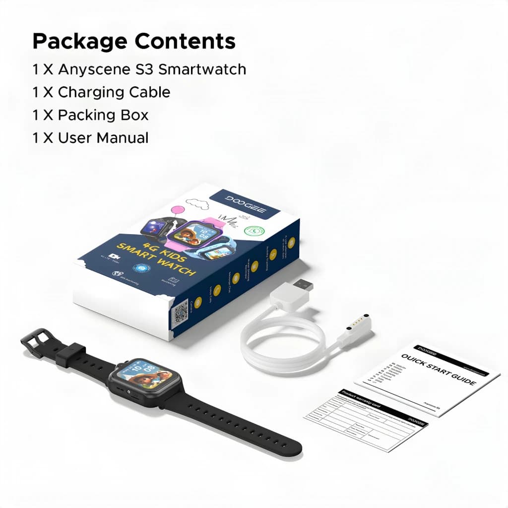 Contenido del paquete: DOOGEE Anyscene S3 rosa, correa de silicona negra, pantalla a color, cable de carga USB, caja y manual con guía rápida y tarjeta de