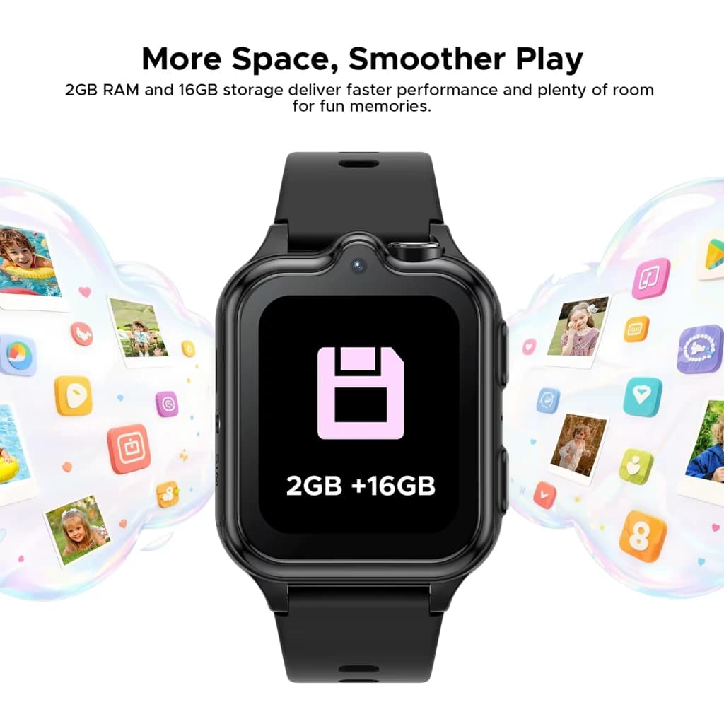 DOOGEE Anyscene S3 rosa para niños con pantalla táctil, icono de memoria 2GB+16GB, correa negra y apps coloridas alrededor; ideal para juegos y videollamadas
