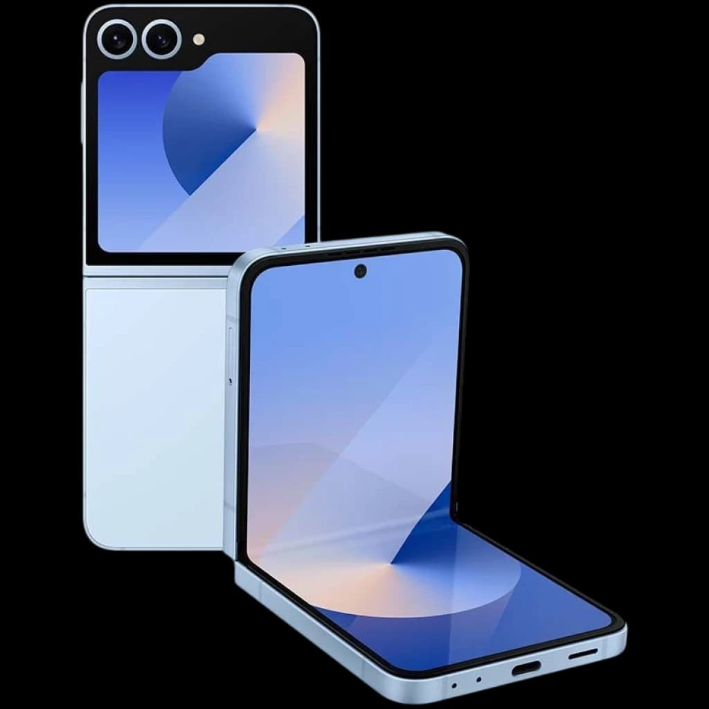 Samsung Galaxy Z Flip5 5G azul renovado en estado excelente, formato plegable, pantalla interna con cámara frontal central y módulo dual trasero con pantalla
