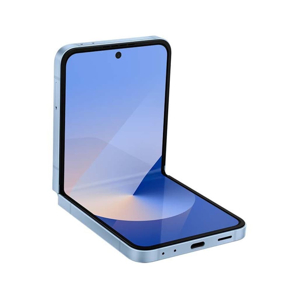 Samsung Galaxy Z Flip5 5G azul renovado en estado excelente, diseño plegable tipo concha, pantalla interna amplia y bisagra firme, puerto USB‑C y marco