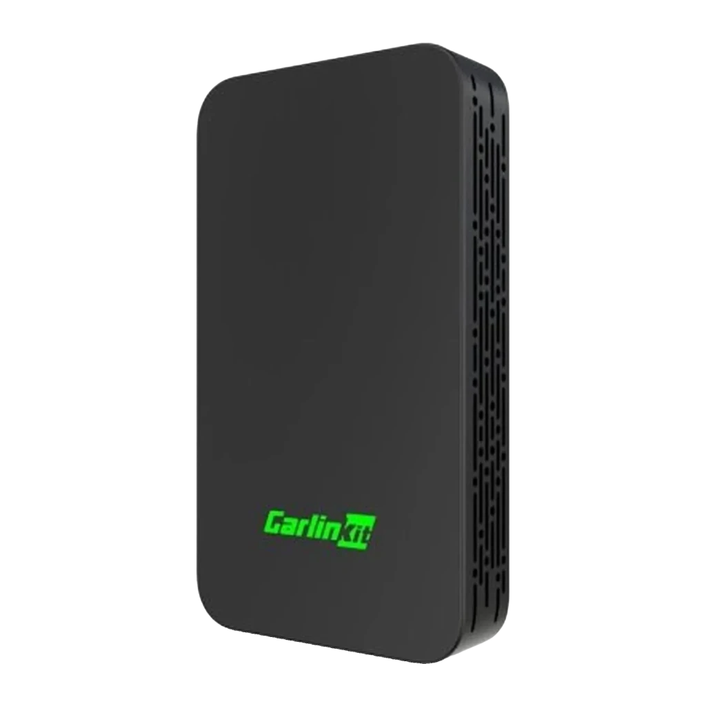 Adaptateur sans fil CarPlay Carlinkit Noir Bluetooth 5.2 2AIR-T, vue de face: corps noir avec logo vert et grilles