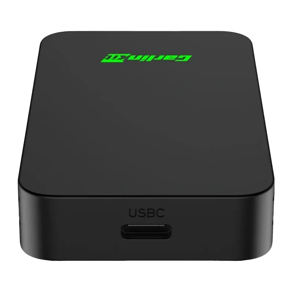 Adaptateur sans fil CarPlay Carlinkit Noir Bluetooth 5.2 2AIR-T, vue arrière: port USB-C et logo vert sur boîtier noir mat