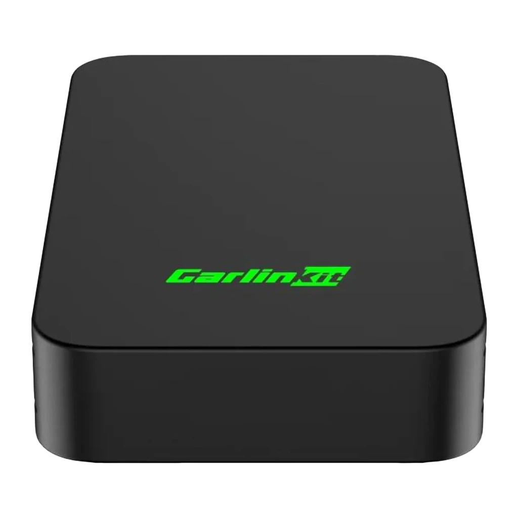 Adaptateur sans fil CarPlay Carlinkit Noir Bluetooth 5.2 2AIR-T, détail: vue du dessus avec logo vert sur boîtier compact mat