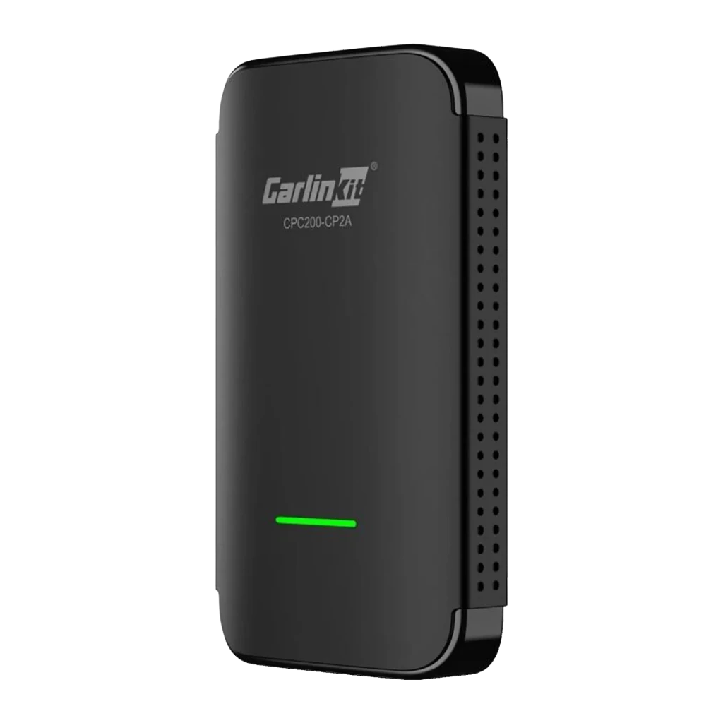 Adaptador carplay Carlinkit CP2A PRO Negro Inalámbrico, vista frontal: cuerpo negro mate con logo, rejilla lateral y LED