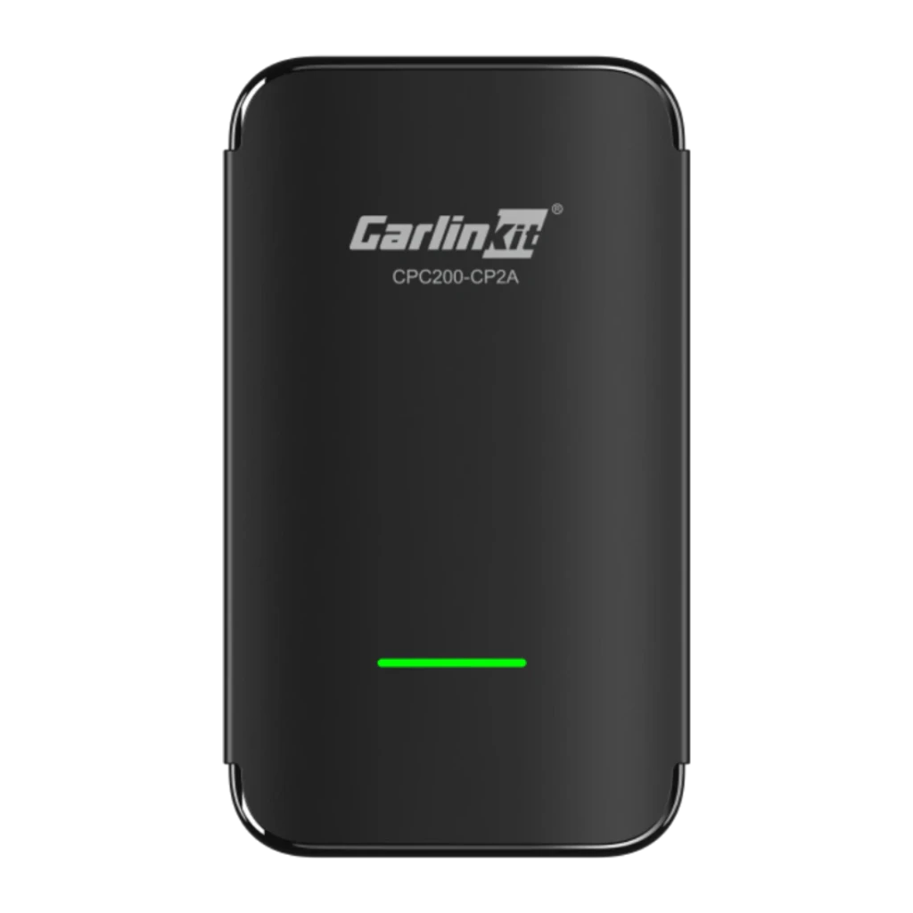 Adaptador carplay Carlinkit CP2A PRO Negro Inalámbrico, detalle frontal: logo, referencia CPC200-CP2A y LED verde encendido