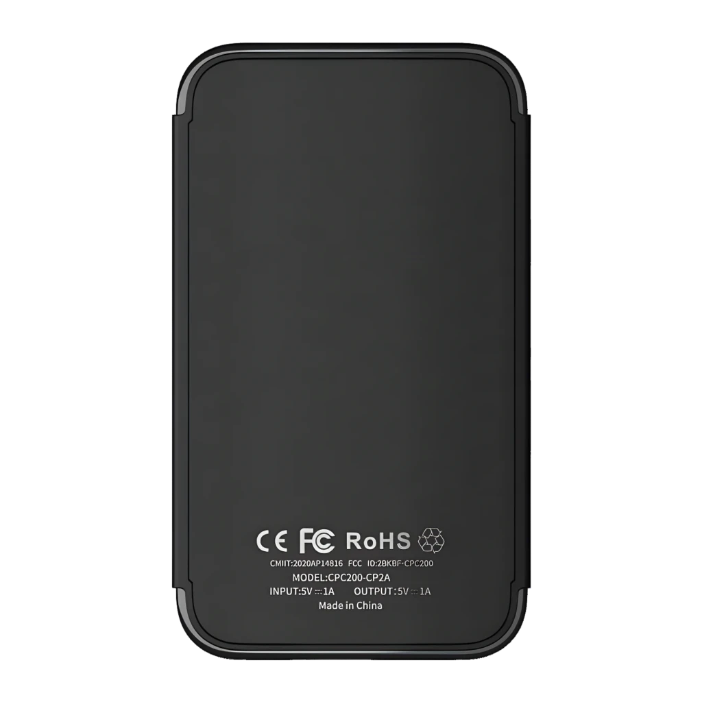 Adaptador carplay Carlinkit CP2A PRO Negro Inalámbrico, vista trasera: carcasa negra mate con certificaciones CE, FCC, RoHS