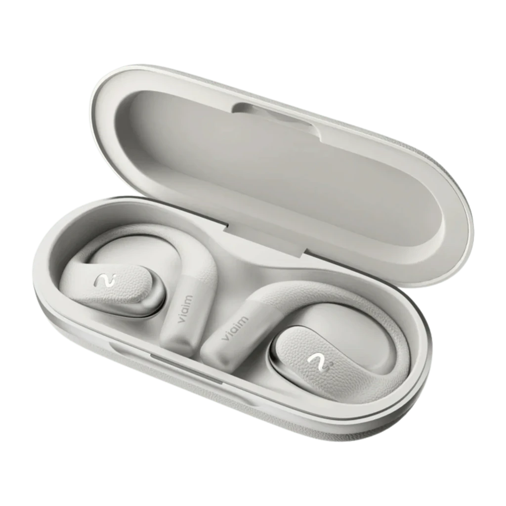 Auriculares VIAIM Open Note AI gris con diseño de oreja abierto, ganchos ergonómicos texturizados, cápsulas compactas y estuche de carga gris con borde - Ítem4