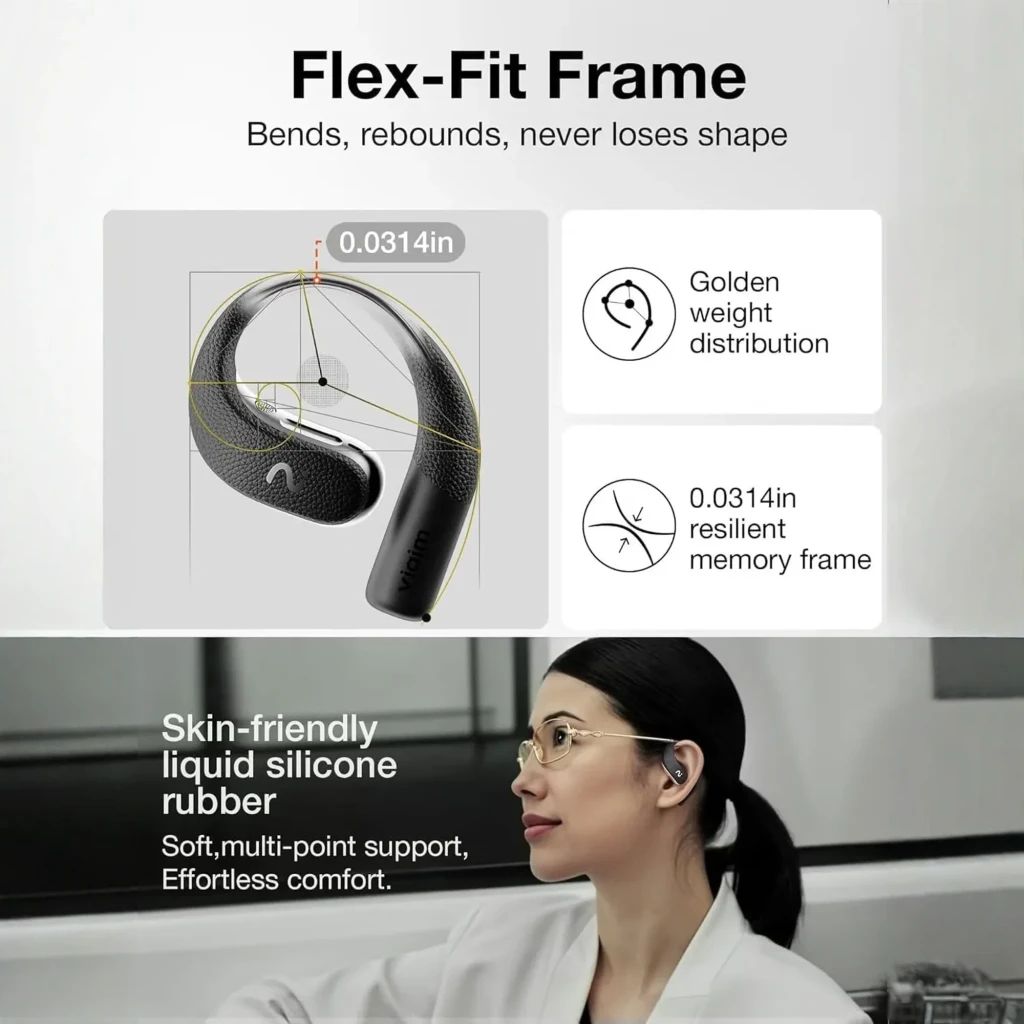 Auriculares VIAIM Open Note AI con diseño over-ear abierto en negro, textura tipo cuero, controles táctiles y estuche de carga compacto negro y plateado - Ítem4