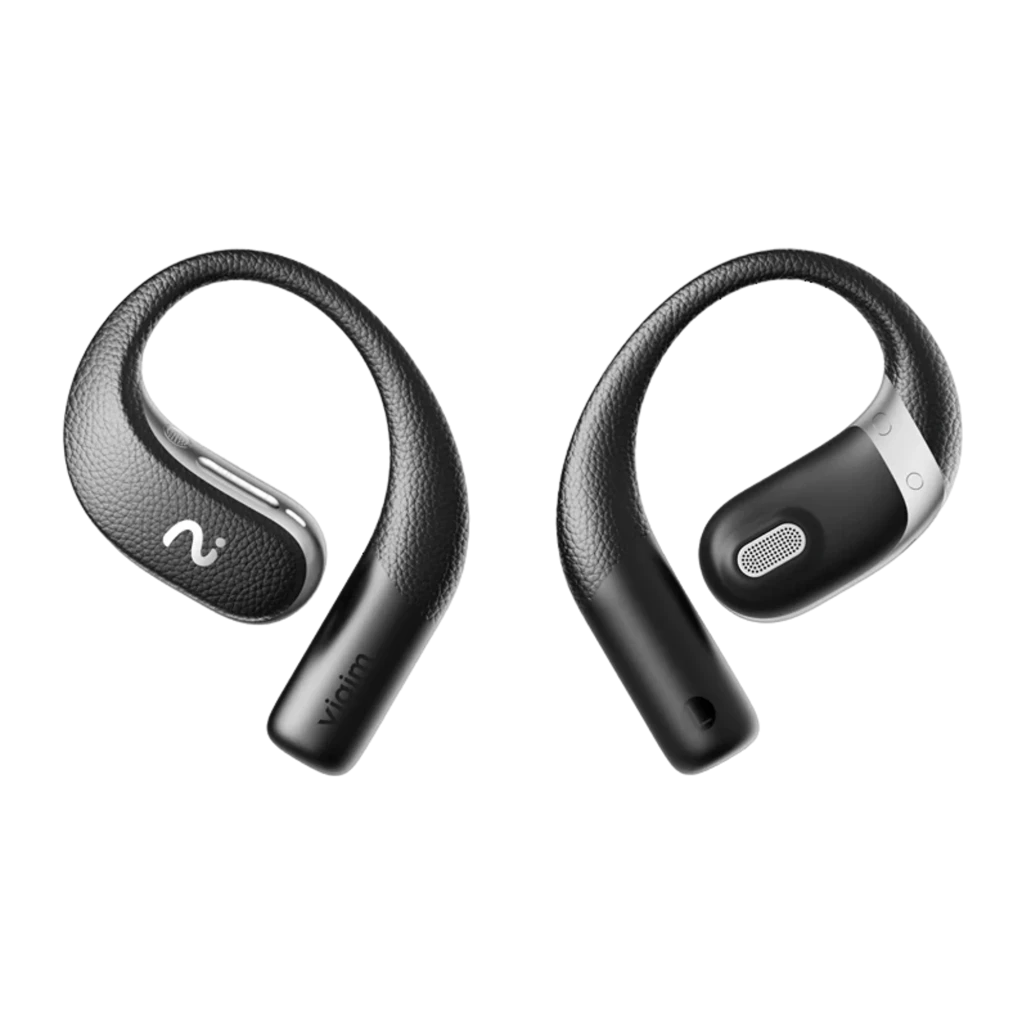 Auriculares VIAIM Open Note AI con diseño over-ear abierto en negro, textura tipo cuero, controles táctiles y estuche de carga compacto negro y plateado - Ítem2