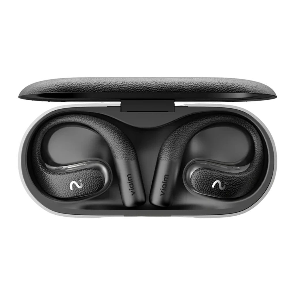 Auriculares VIAIM Open Note AI con diseño over-ear abierto en negro, textura tipo cuero, controles táctiles y estuche de carga compacto negro y plateado - Ítem1