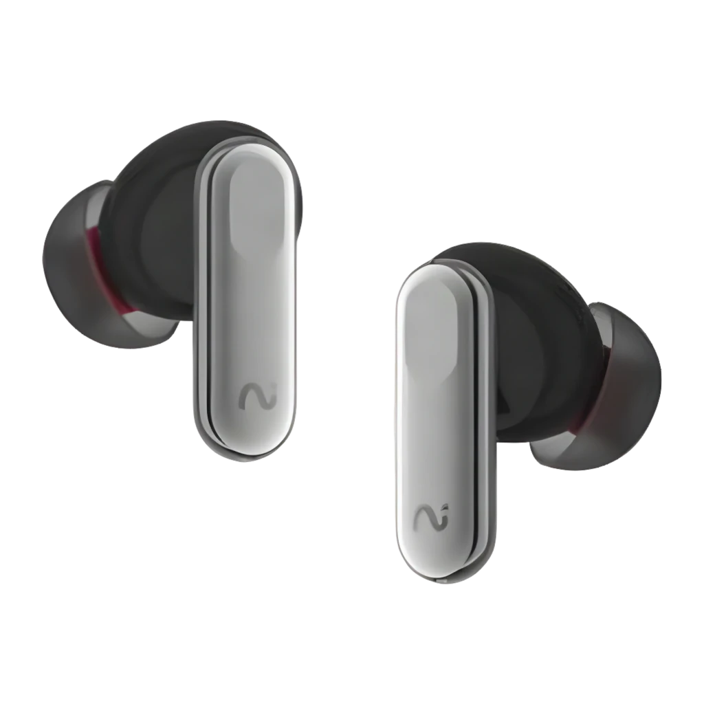 Auriculares VIAIM Nano+ AI con estuche ovalado plateado, dos earbuds intrauditivos con vástago metálico plateado, detalles naranjas y base negra compacta - Ítem2