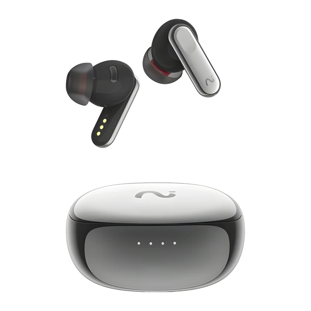 Auriculares VIAIM Nano+ AI con estuche ovalado plateado, dos earbuds intrauditivos con vástago metálico plateado, detalles naranjas y base negra compacta - Ítem1