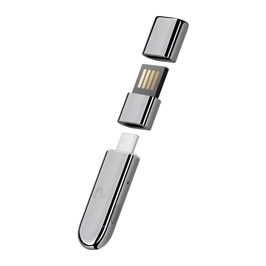 Dongle grabador IA Viaim NoteKit AI Recording Dongle en metal plateado, compacto tipo USB con conector dorado expuesto y botón lateral discreto - Ítem6