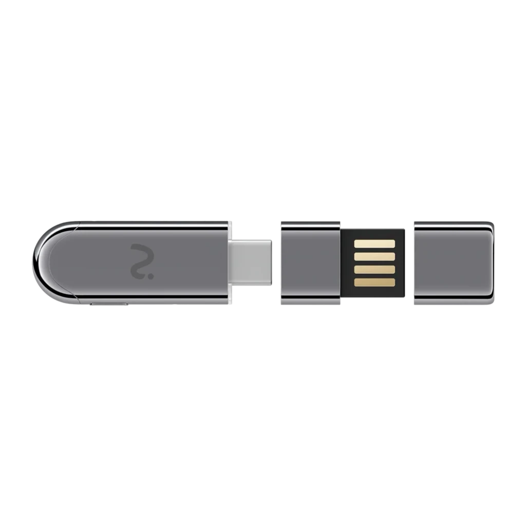 Dongle grabador IA Viaim NoteKit AI Recording Dongle en metal plateado, compacto tipo USB con conector dorado expuesto y botón lateral discreto - Ítem4