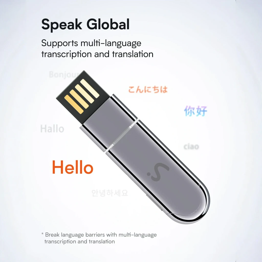 Dongle grabador IA Viaim NoteKit AI Recording Dongle en metal plateado, compacto tipo USB con conector dorado expuesto y botón lateral discreto - Ítem1