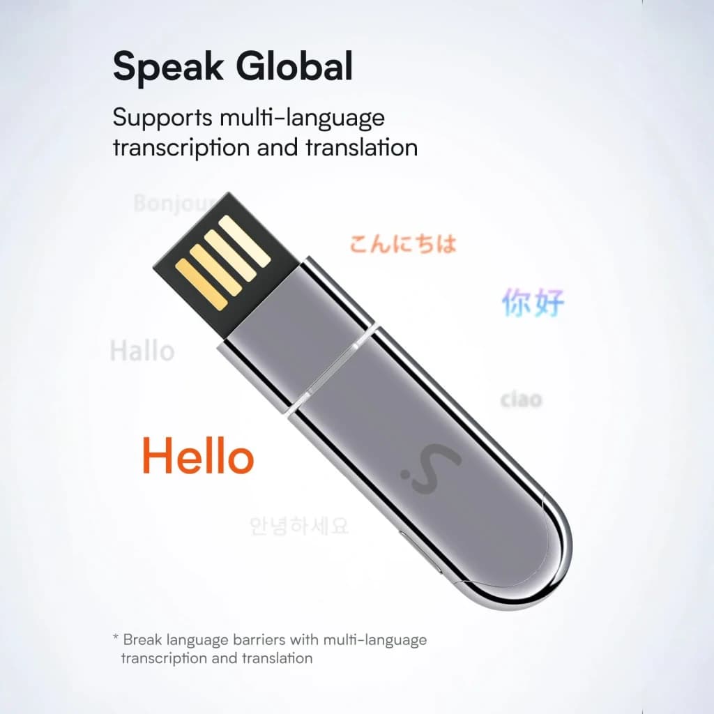 Dongle grabador IA Viaim NoteKit AI Recording Dongle con conector USB expuesto, cuerpo gris metálico y logotipo S, destaca transcripción y traducción