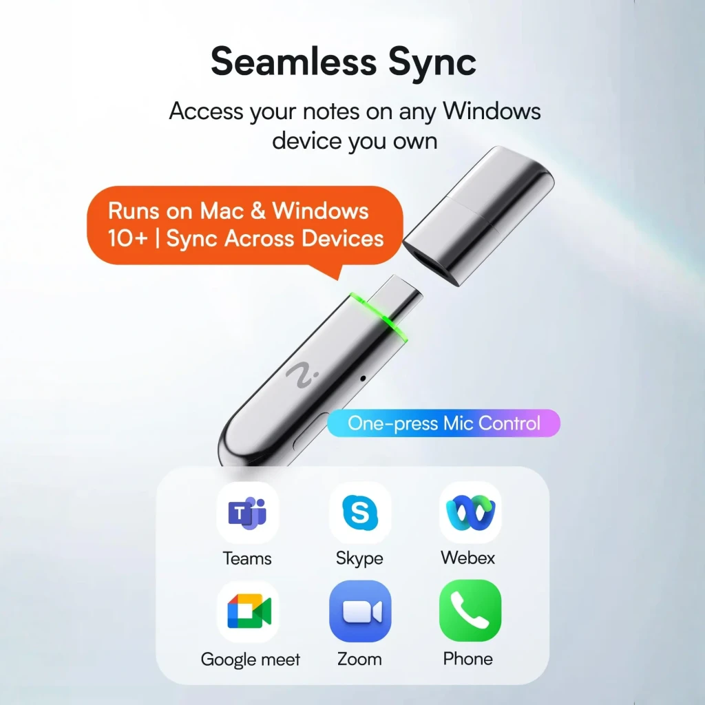 Dongle grabador IA Viaim NoteKit AI Recording Dongle en metal plateado, compacto tipo USB con conector dorado expuesto y botón lateral discreto - Ítem3