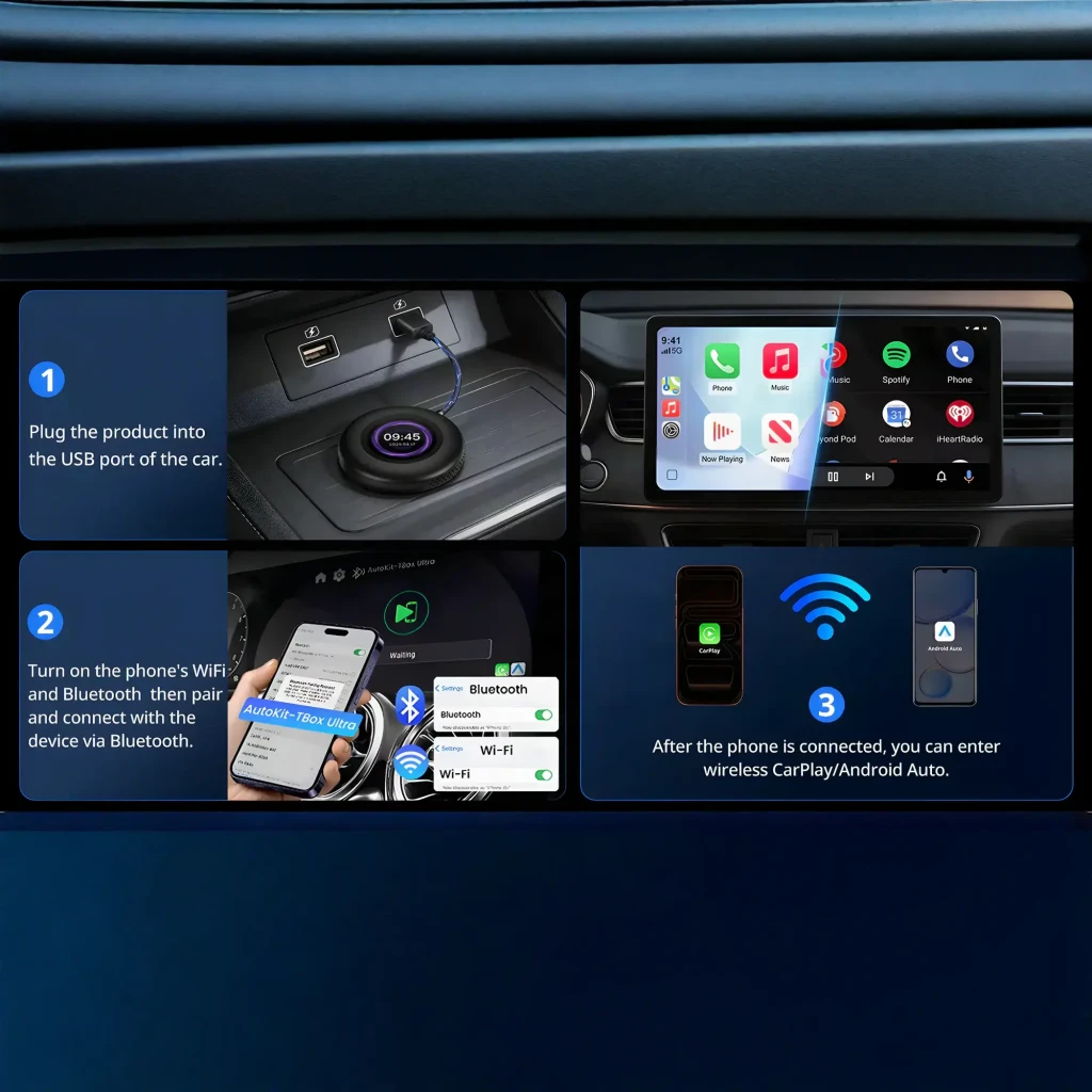 Adaptador Carlinkit TBOX Ultra 3 redondo y compacto en negro mate con borde ventilado y logo Garlinkit al centro; diseño minimalista para CarPlay y Android - Ítem6