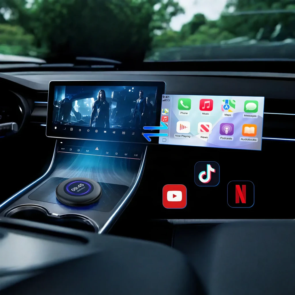 Adaptador Carlinkit TBOX Ultra 3 redondo y compacto en negro mate con borde ventilado y logo Garlinkit al centro; diseño minimalista para CarPlay y Android - Ítem4