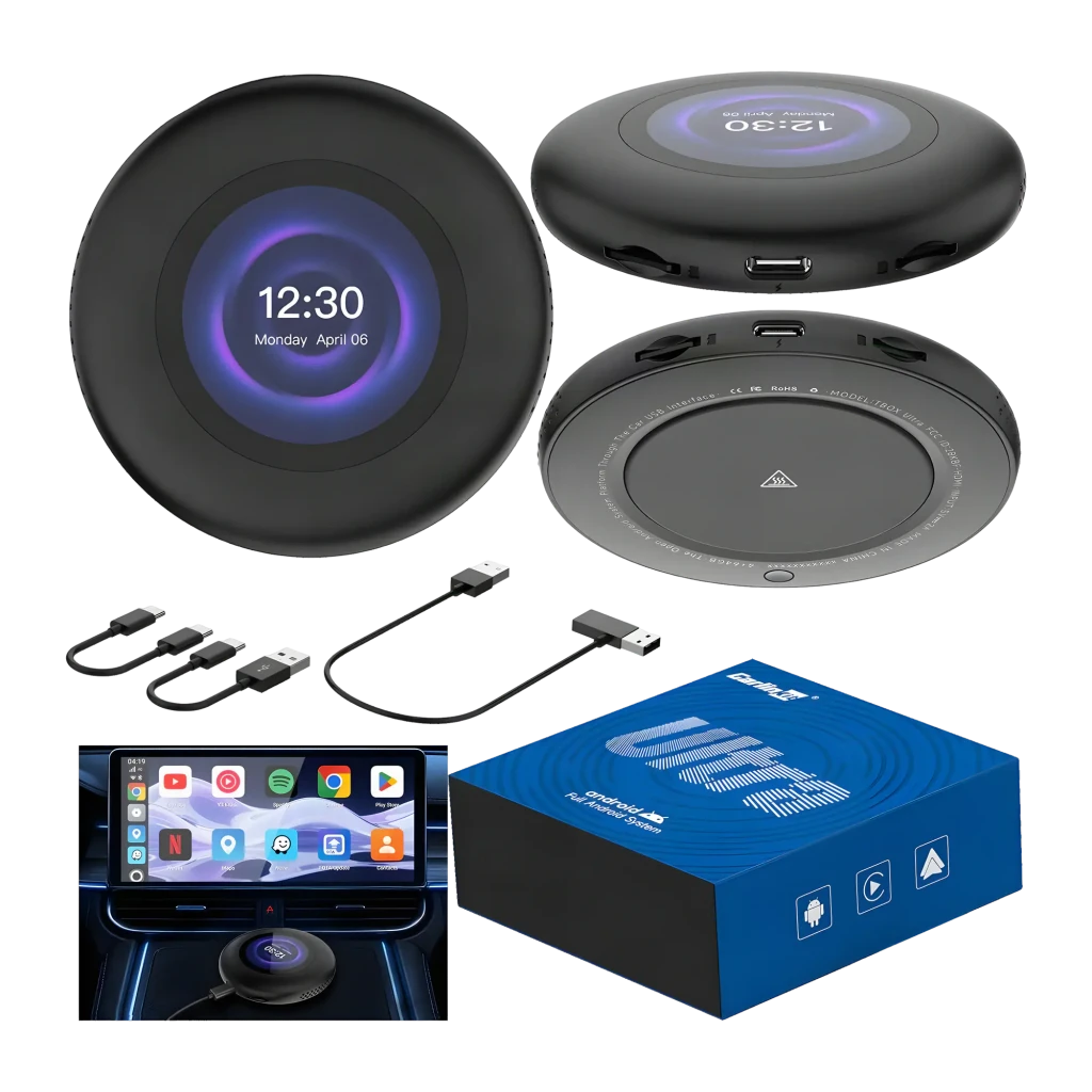 Adaptador Carlinkit TBOX Ultra 3 redondo y compacto en negro mate con borde ventilado y logo Garlinkit al centro; diseño minimalista para CarPlay y Android - Ítem3