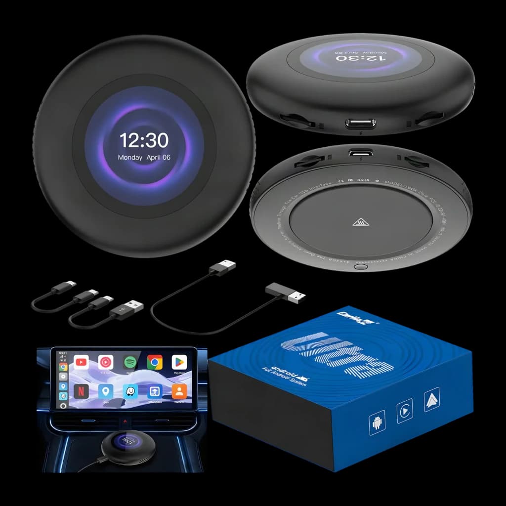 Adaptateur Carlinkit TBOX Ultra 3 rond noir, anneau LED violet, ports USB et fentes microSD, câbles inclus, boîte bleue, interface CarPlay Android Auto