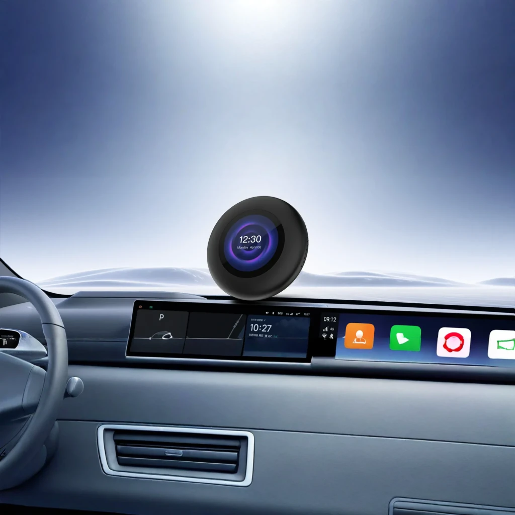 Adaptador Carlinkit TBOX Ultra 3 redondo y compacto en negro mate con borde ventilado y logo Garlinkit al centro; diseño minimalista para CarPlay y Android - Ítem7