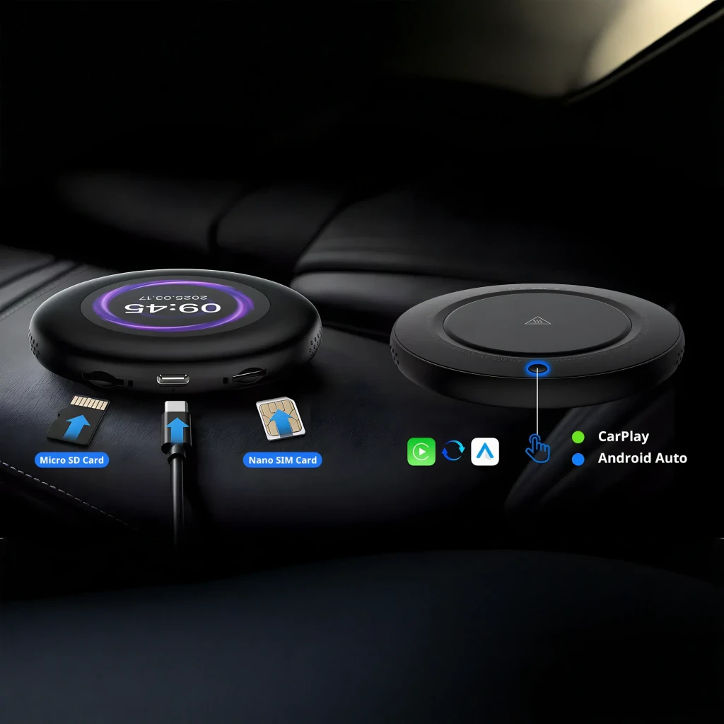 Adaptador Carlinkit TBOX Ultra 3 redondo y compacto en negro mate con borde ventilado y logo Garlinkit al centro; diseño minimalista para CarPlay y Android - Ítem5