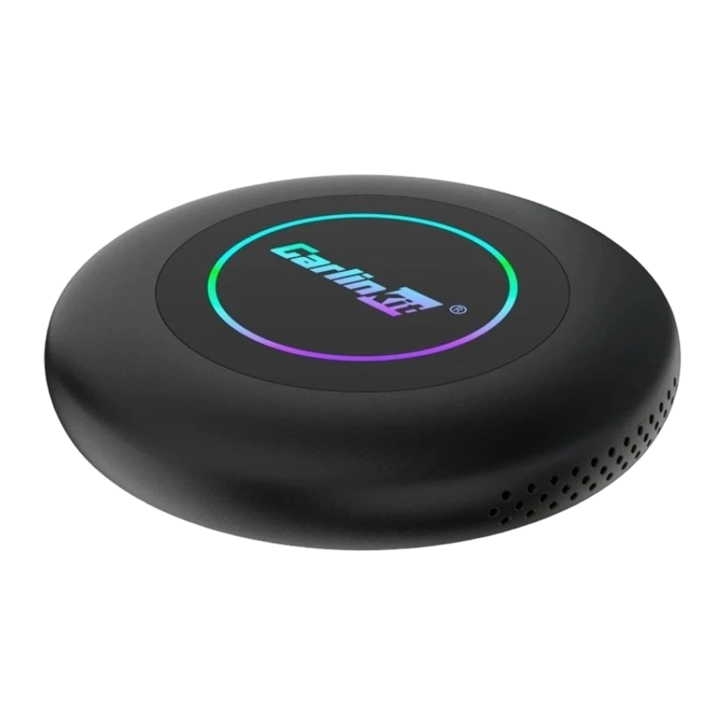 Adaptador Carlinkit TBox Ultra 2 redondo negro con aro LED multicolor y logo al centro; diseño compacto con ranuras laterales de ventilación - Ítem1
