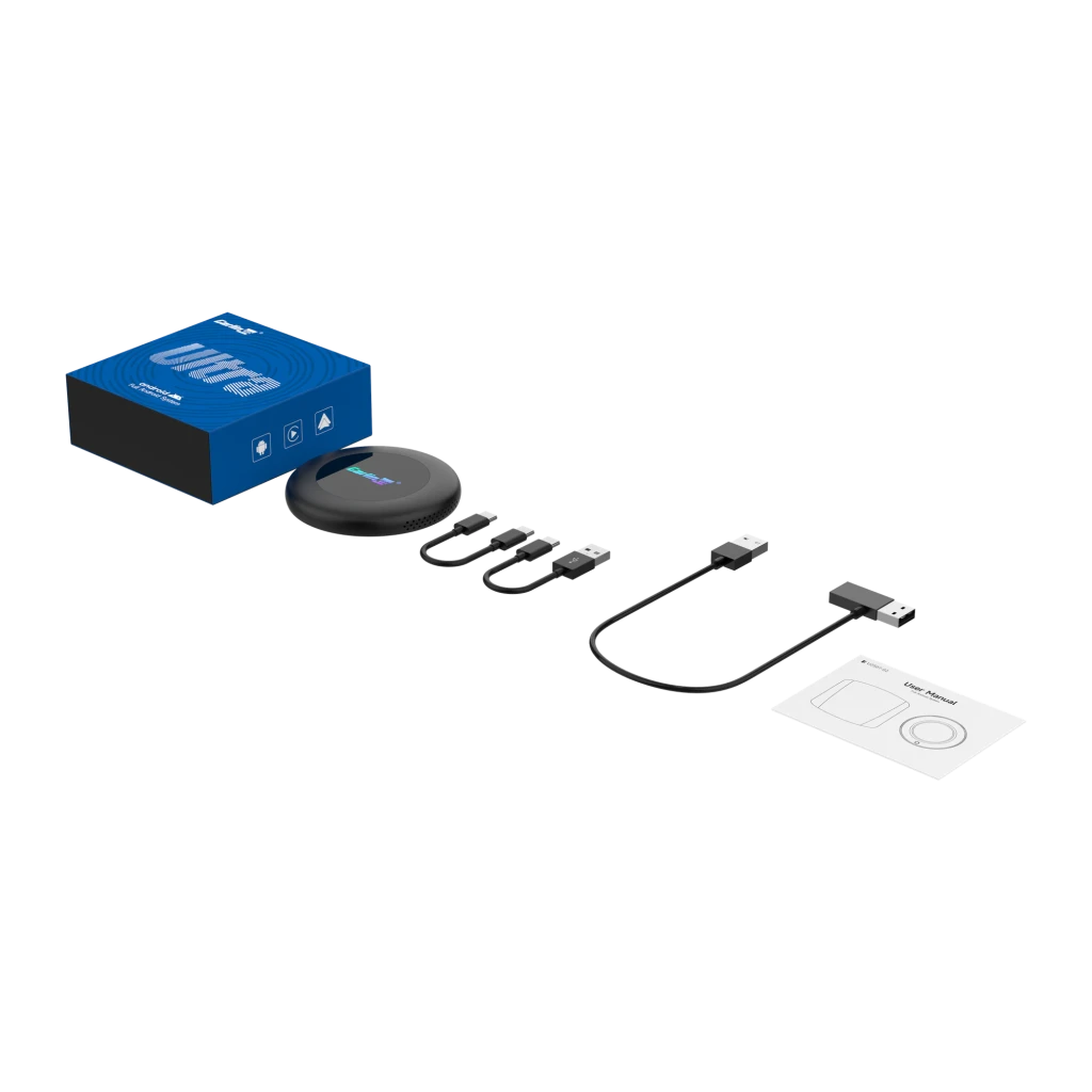 Adaptador Carlinkit TBox Ultra 2 redondo negro con aro LED multicolor y logo al centro; diseño compacto con ranuras laterales de ventilación - Ítem8