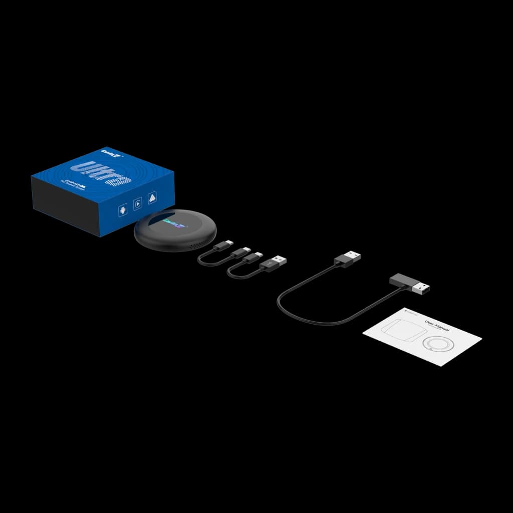 Adaptateur Carlinkit TBox Ultra 2 compact noir avec écran, câbles USB‑C et USB‑A inclus, carte guide et boîte bleue; design fin pour CarPlay Android Auto
